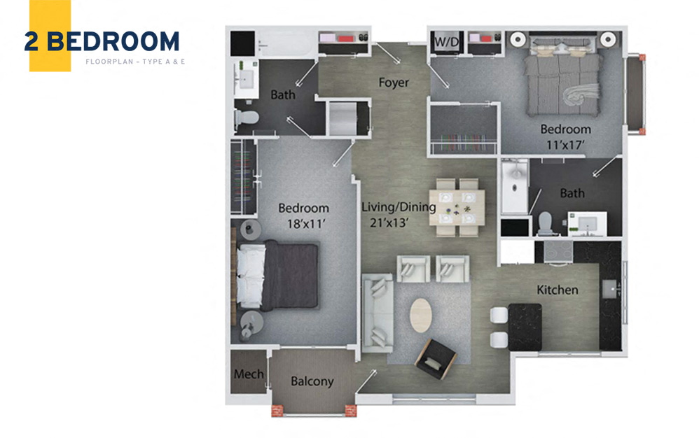 Floor plan for 2 beds, 2 baths, 1065 sqft